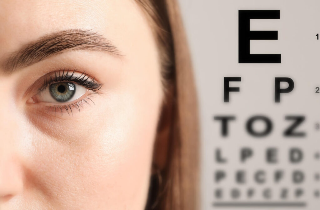 Close-up of an eye looking forward with a blurred Snellen eye chart in the background.
