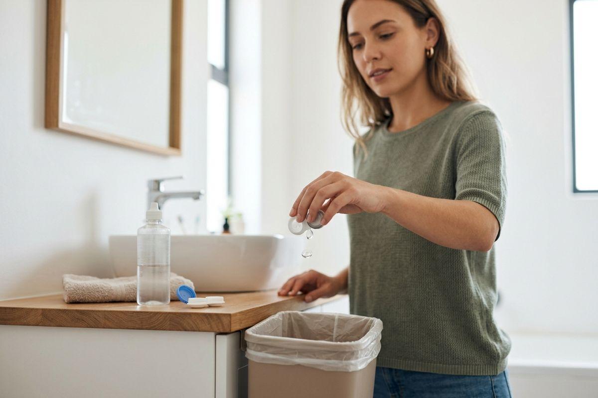 Adult dropping contact lenses into a bathroom trash bin, with a lens case and solution bottle on the vanity counter nearby.