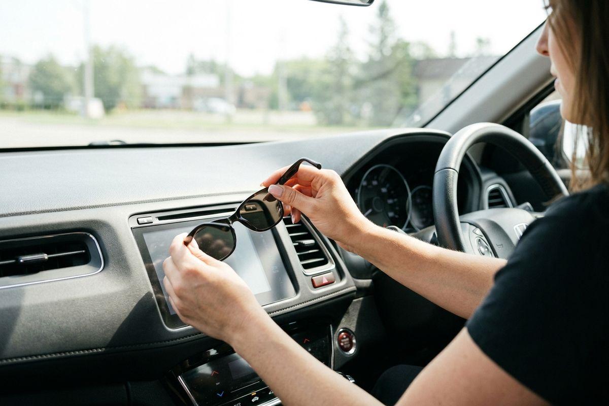 Adult in the driver's seat holding a pair of dark sunglasses over the car's center console touchscreen.