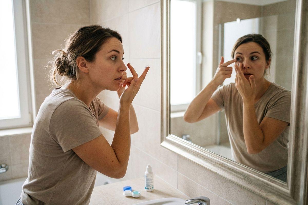 Adult inserting a contact lens while looking in a bathroom mirror, with a contact lens case on the sink counter.