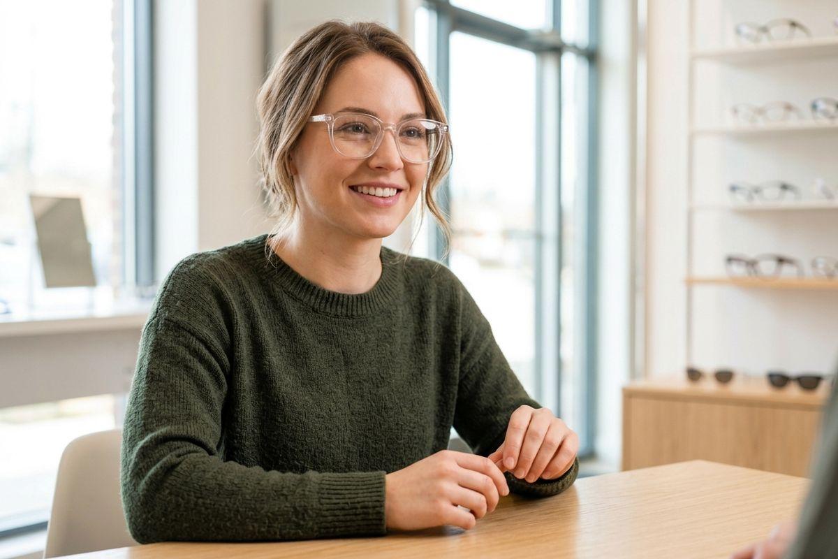 Smiling adult wearing clear-frame glasses sits at a table in an eyewear store, with glasses displayed on shelves in the background.