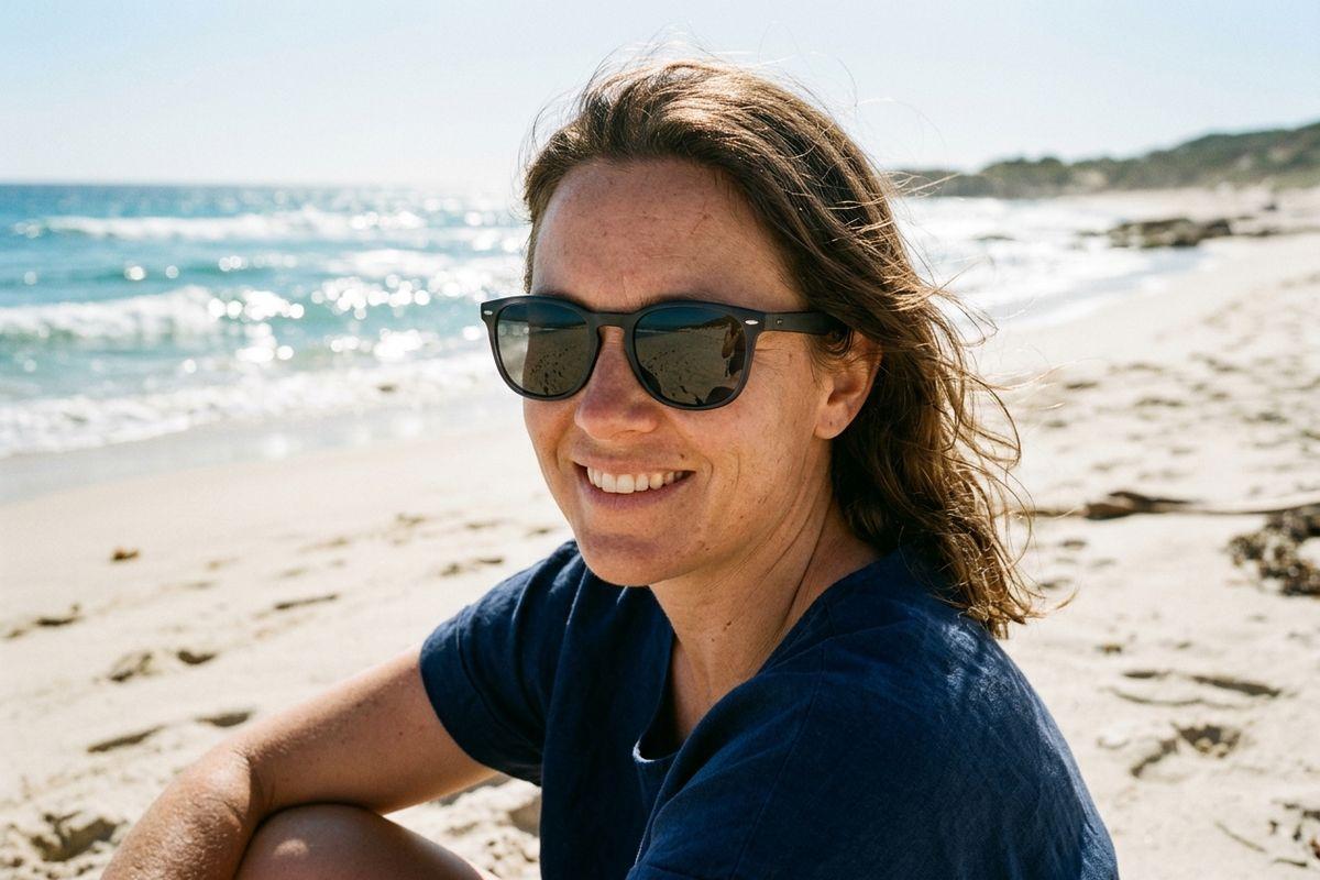 Smiling adult with long hair and sunglasses sitting on a sandy beach, ocean and rocky coastline visible behind them.
