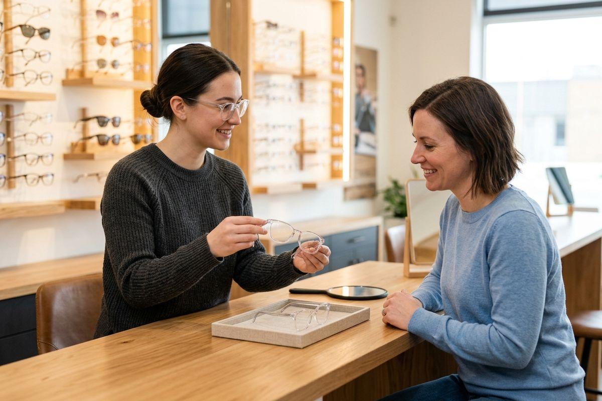Two smiling adults at an eyewear shop counter; one holds clear glasses frames toward the other, with a display tray of frames on the wooden counter.