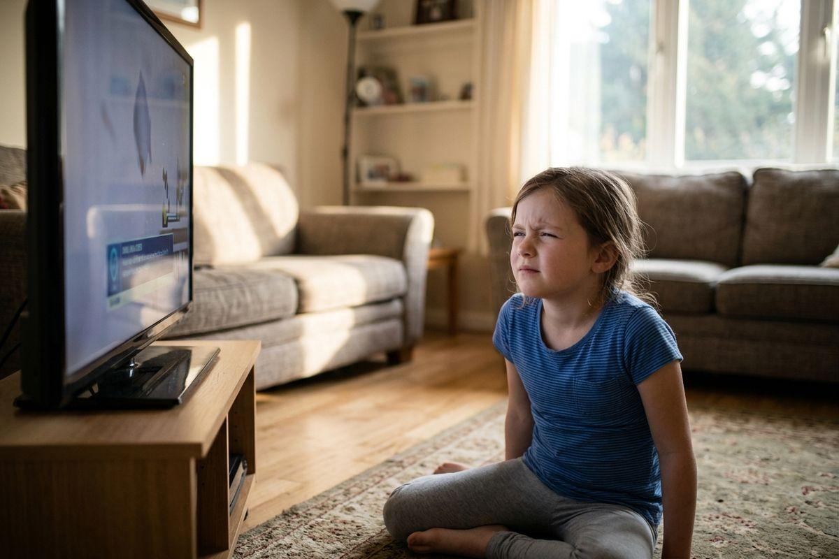 Child sitting on floor squinting at a close-up TV in a living room.