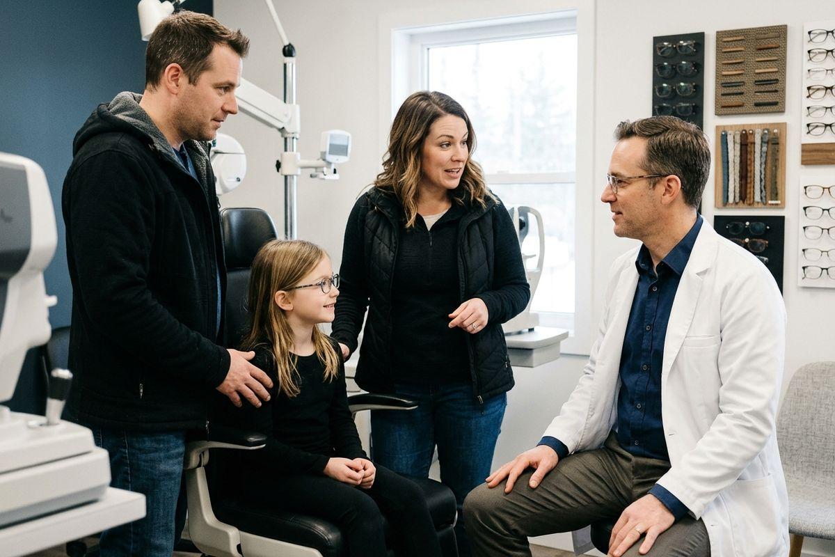 Optometrist talking with two adults and a child in glasses seated in exam chair, eyeglass displays on wall.