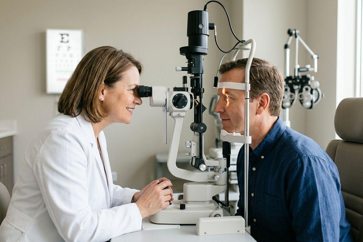 Optometrist uses a slit lamp to examine a patient's eyes in an exam room with an eye chart on the wall.