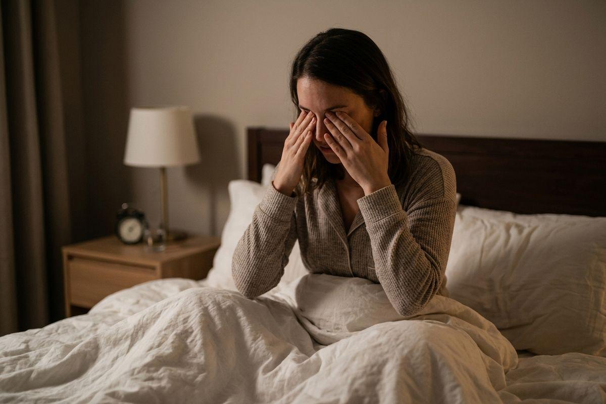 Person sitting up in bed at night, rubbing their eyes, beside a lamp and alarm clock on the nightstand.