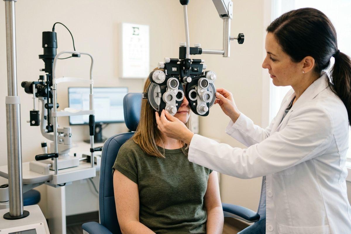 Optometrist adjusting a phoropter for a seated patient during an eye exam in a clinic.