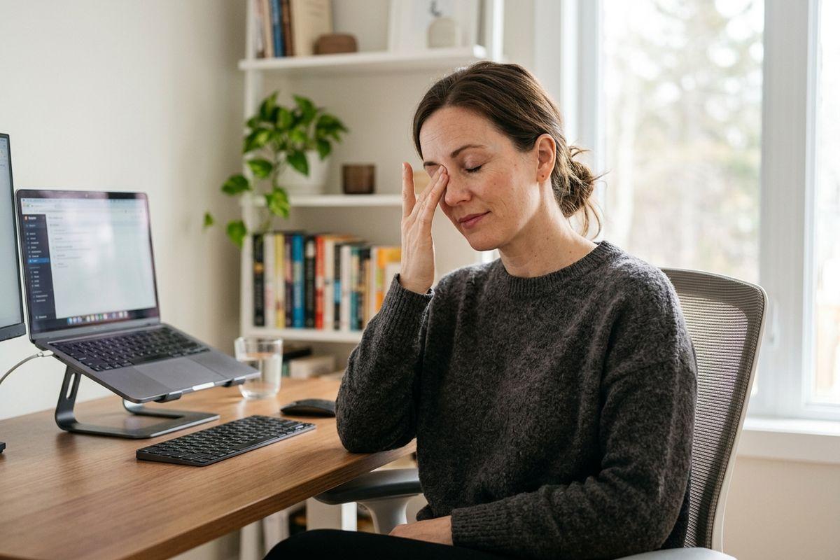 Person at a desk with laptop and keyboard, eyes closed, rubbing eye with hand, looking tired.